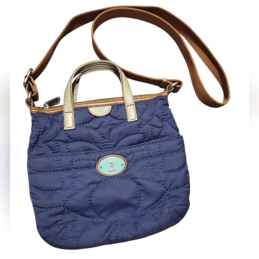 Fossil Blue and Gold Quilted Shoulder Bag